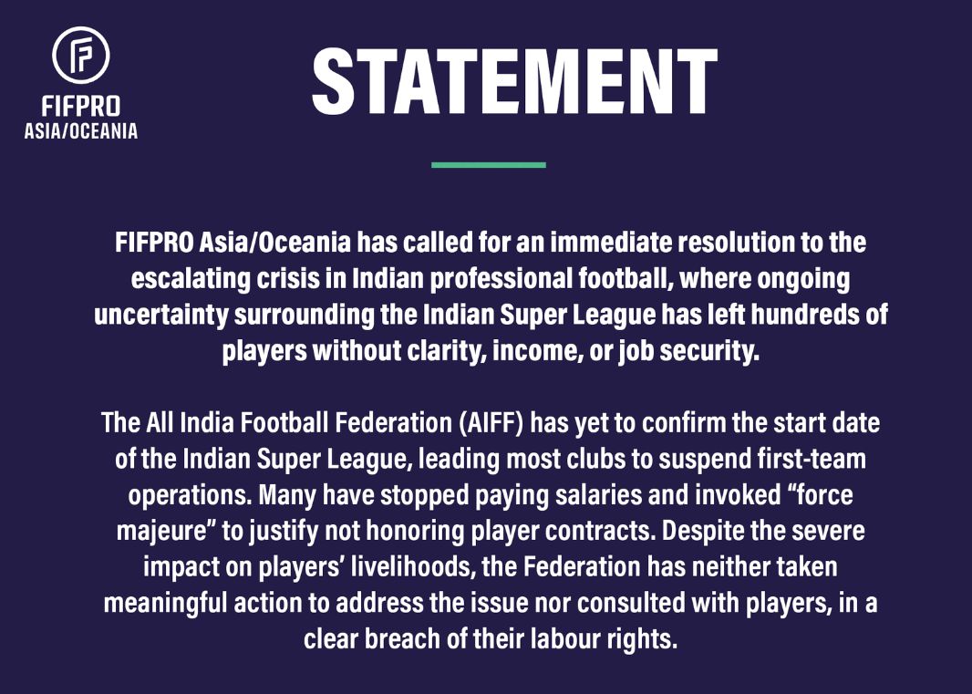 FIFPRO发声明敦促国际足联介入，解决印度足球危机
